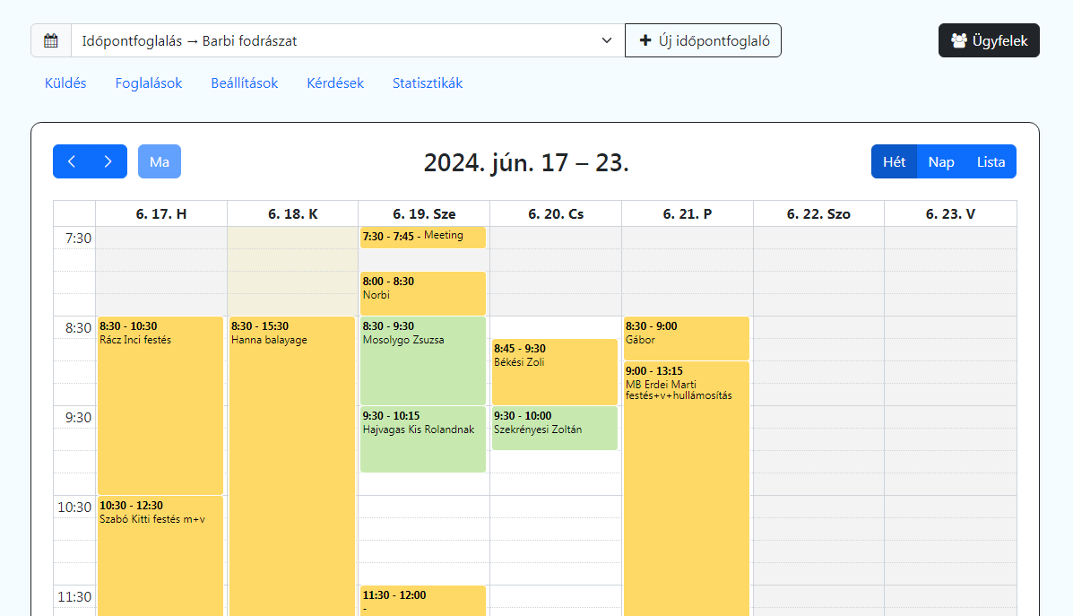 Időpontfoglaló naptár nézet